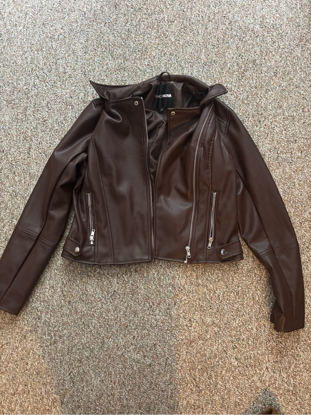 Fashion Nova Dark Brown Faux Leather Moto Jacket